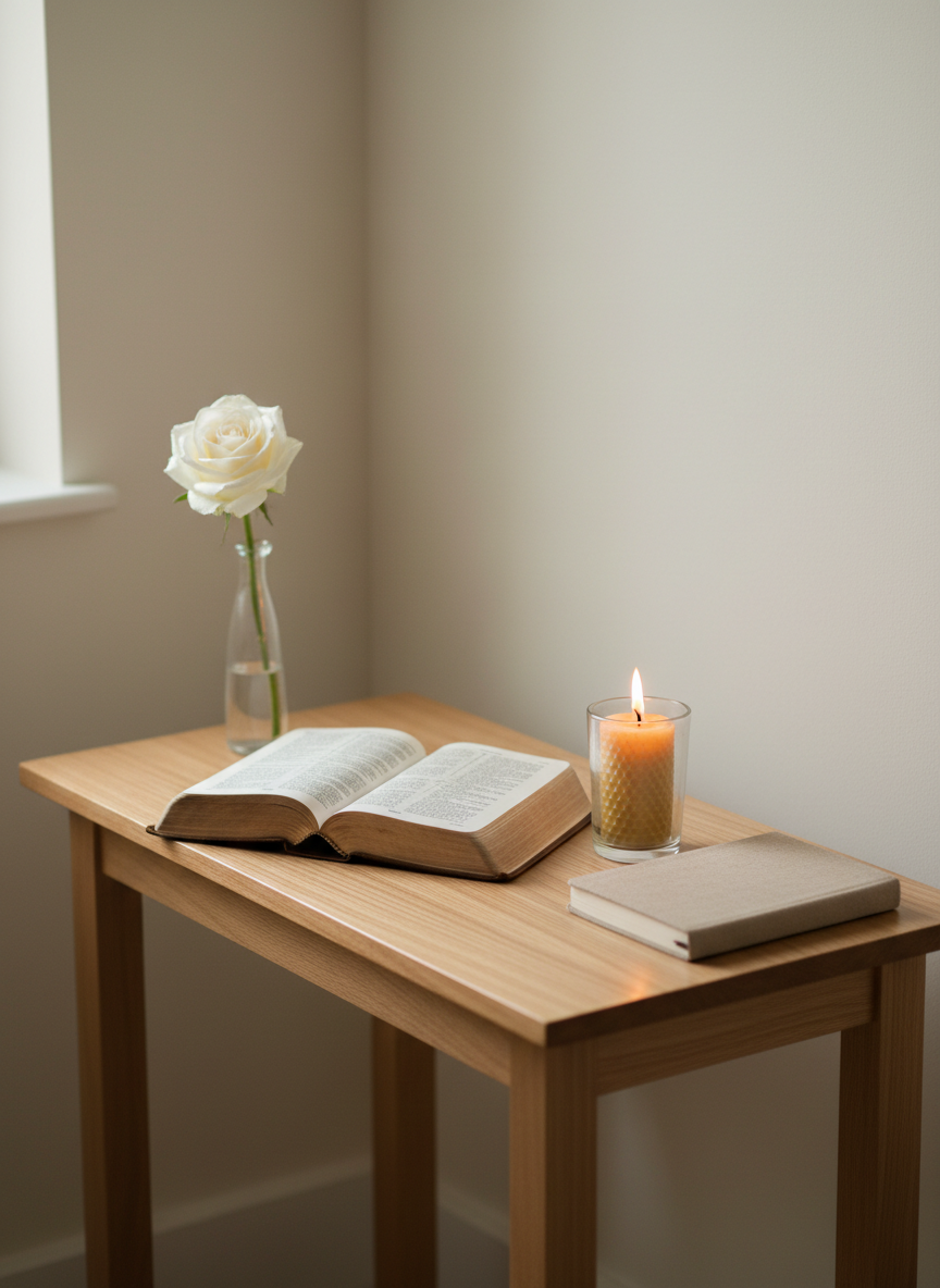 A minimalist prayer corner featuring a small, unadorned wooden table against a pale cream wall, holding an open Bible with thin, softly curled pages, a lit beeswax candle in a clear glass holder, and a simple linen-covered notebook. A slender glass vase with a single white rose adds a touch of quiet elegance. Morning light filters through an unseen window, creating a gentle glow around the candle flame and subtle reflections on the tabletop. The scene is captured in photographic realism from a slightly elevated angle, with a calm, uncluttered composition and soft focus background, conveying peace, clarity, and a refined, Christ-centered environment ideal for interior reflection and discernment.