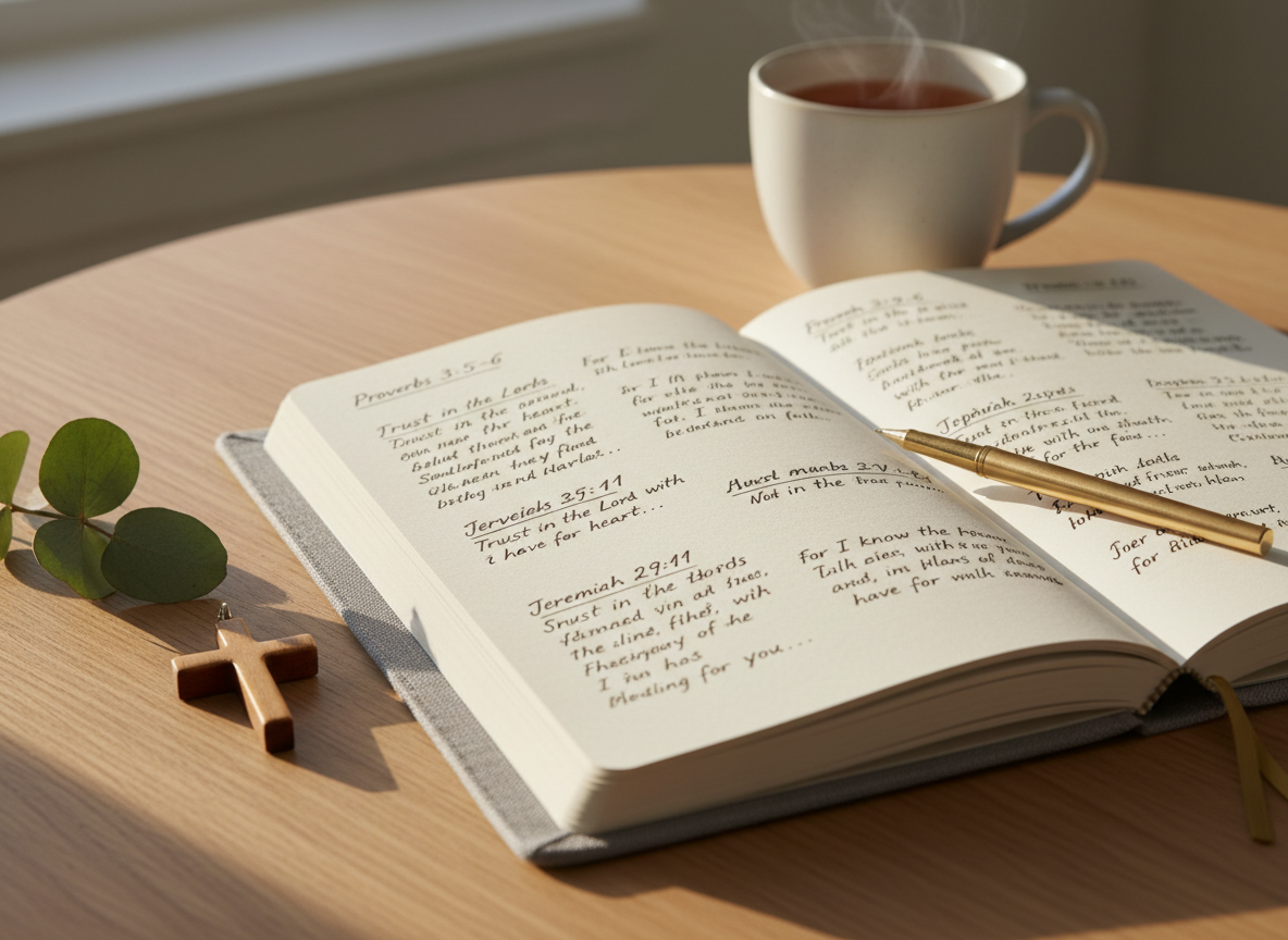 A linen-covered journal in a soft dove-gray tone lies open on a smooth oak table, its creamy pages filled with neat, handwritten reflections and delicate, underlined Scripture verses. A slim gold pen rests diagonally across the page, beside a simple wooden cross pendant and a single sprig of eucalyptus. In the background, out of focus, sits a pale ceramic mug of herbal tea near a window. Late afternoon natural light filters in, casting gentle, warm highlights on the journal’s texture and creating soft shadows. Photographic realism, eye-level composition with a shallow depth of field, evoking a serene, contemplative mood and a sophisticated, Christ-centered atmosphere perfect for a discernment and mentorship setting.