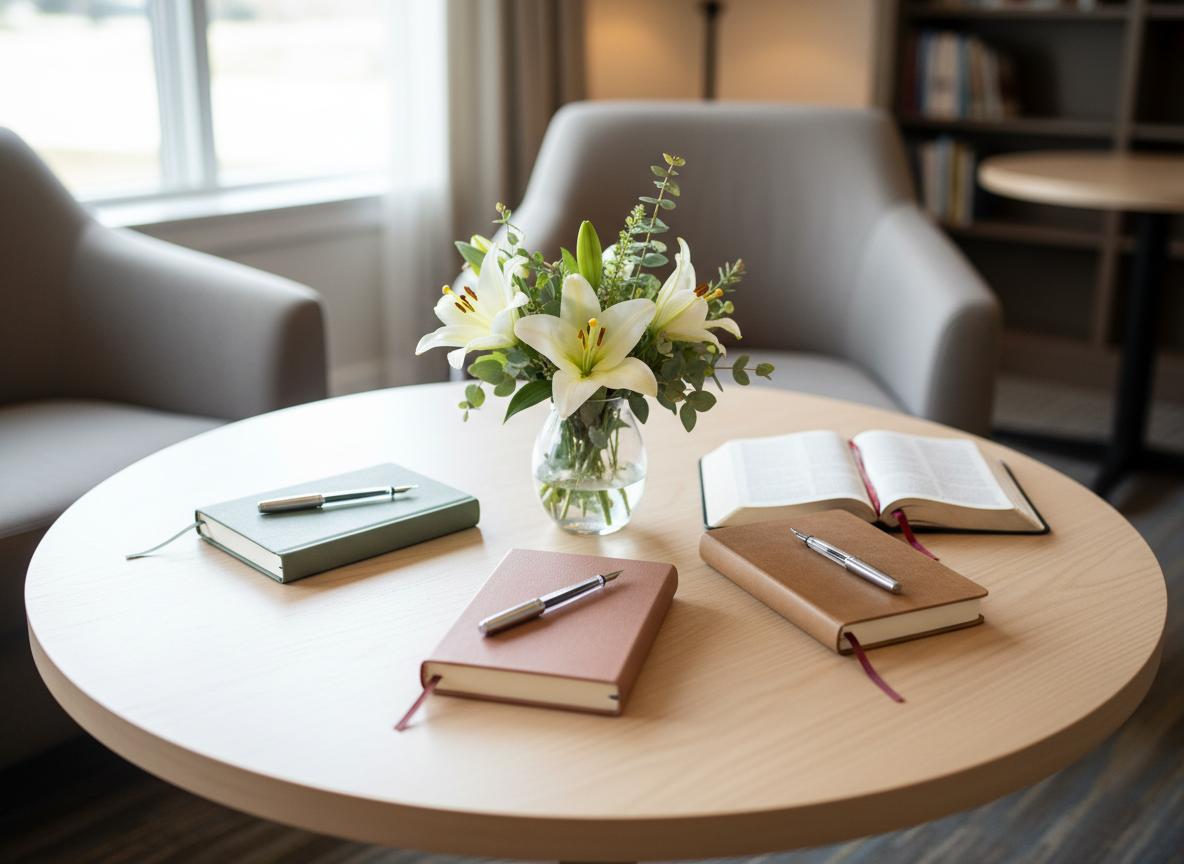 A round, pale wood table hosts a small, tasteful arrangement symbolizing community discernment: three distinct, closed journals in complementary muted tones—sage green, dusty rose, and warm taupe—each with a slender pen laid atop. At the center stands a simple glass vase with a few white lilies and greenery, next to an open Bible with a ribbon bookmark. Soft overhead light and side-window daylight blend to create warm, balanced illumination, with gentle shadows radiating from the journals. Shot in photographic realism from a slightly elevated, wide composition, the background fades into a neutral, softly blurred lounge setting. The mood is welcoming, peaceful, and subtly sophisticated, suggesting group calls or shared spiritual journeys without depicting any people.
