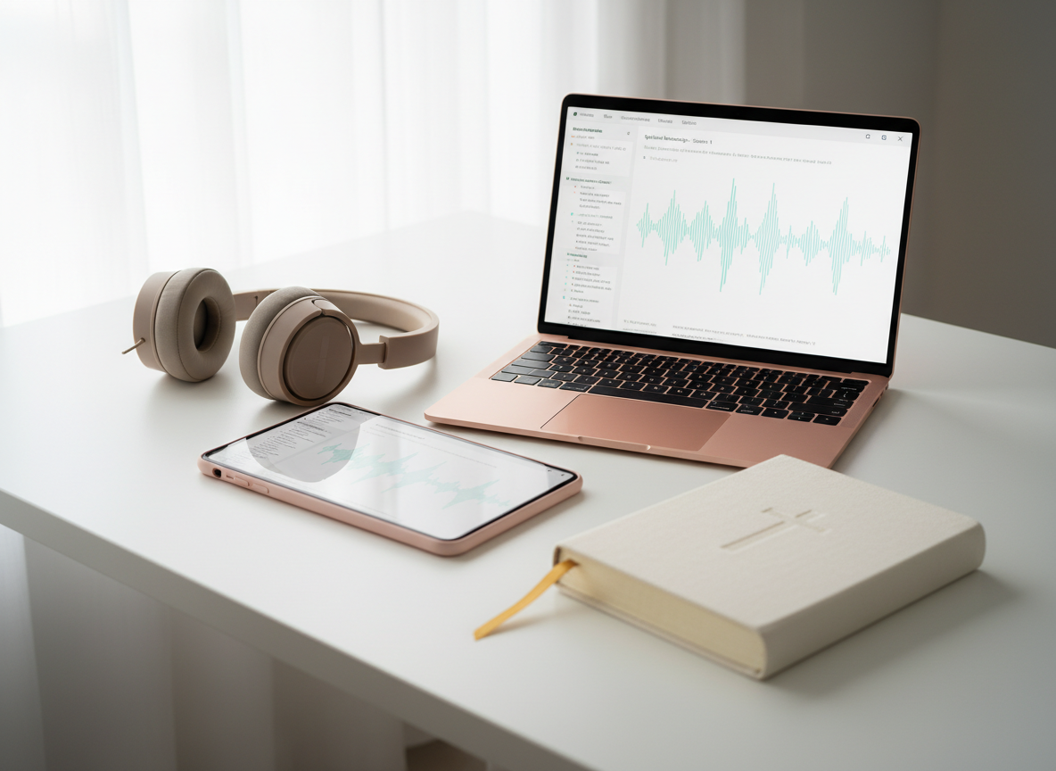A sleek smartphone with a soft blush-pink case rests beside a rose-gold laptop on a clean, ivory desk, both screens displaying audio waveforms and neatly organized notes from a spiritual mentorship session. A pair of over-ear headphones with a muted taupe finish is folded gracefully nearby, along with a finely textured prayer journal marked by a satin ribbon. Diffused daylight from a nearby window casts even, flattering light across the devices, with subtle reflections on the metallic surfaces. Photographic, modern realism with an eye-level composition and gentle vignetting emphasizes the serene, focused workspace. The atmosphere feels calm, organized, and sophisticated, suggesting digital voice-note accompaniment and guided discernment in a Christ-centered, professional context.