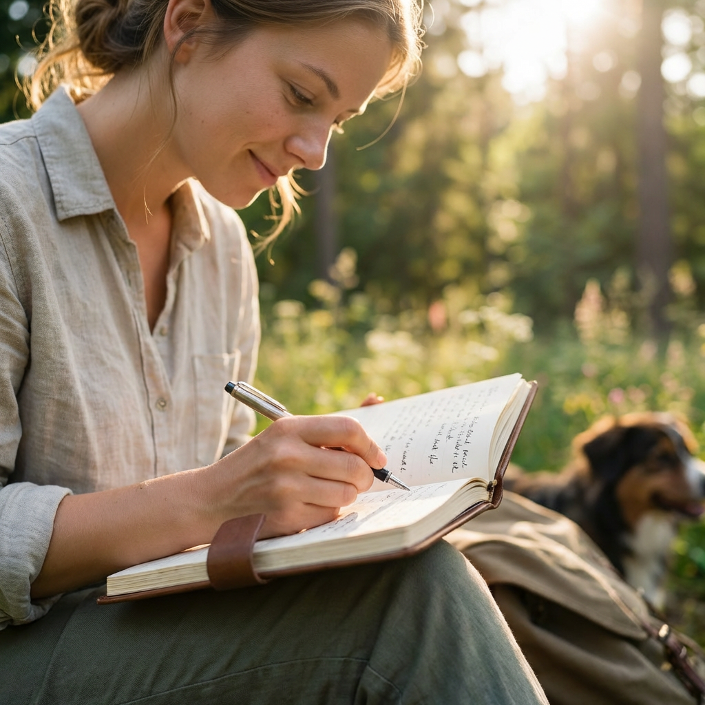 A smiling woman sitting on a mossy rock writing in a journal in a forest.