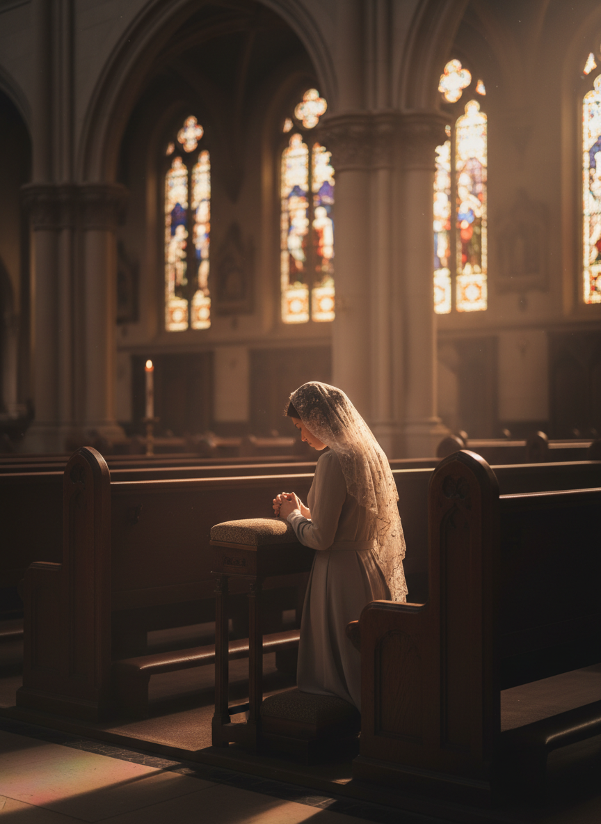 A reverent woman kneeling in prayer in a Catholic church pew, soft warm lighting, subtle stained glass in the background, contemplative and peaceful mood, photographic realism